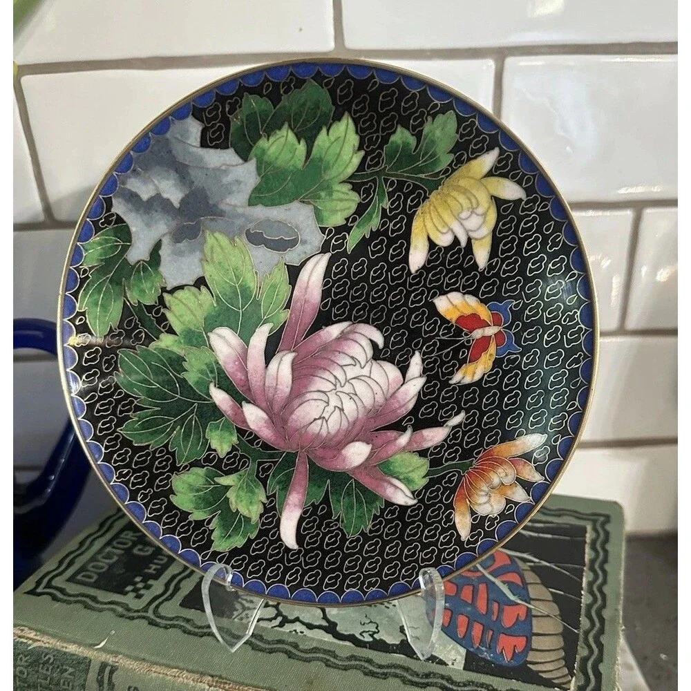 Vintage Japanese Cloisonne Jingfa Floral Enamel 6” Round Plate Turquoise Golden